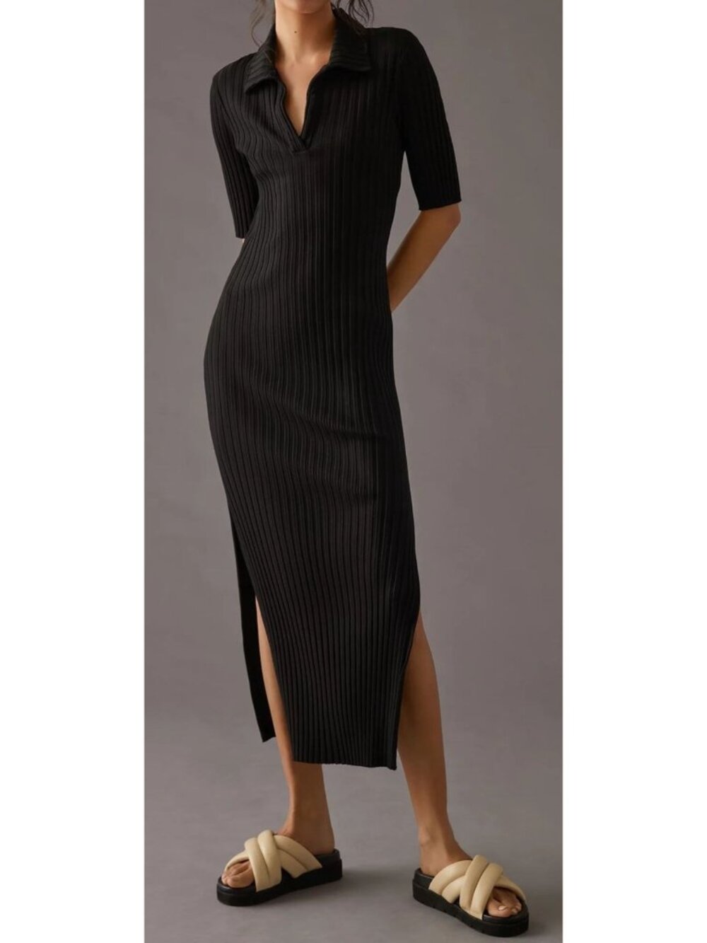 Anthropologie x Stateside Black Ribbed V-Neck Maxi Dress w/ Side Slits Sz M - Picture 3 of 9